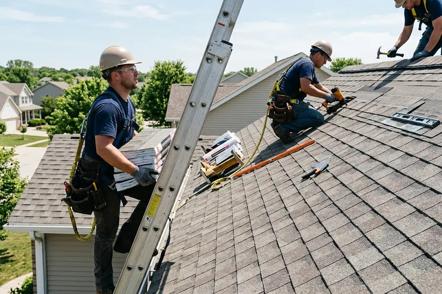 Beardman Building Services roofing crew installing architectural shingles in Wimauma